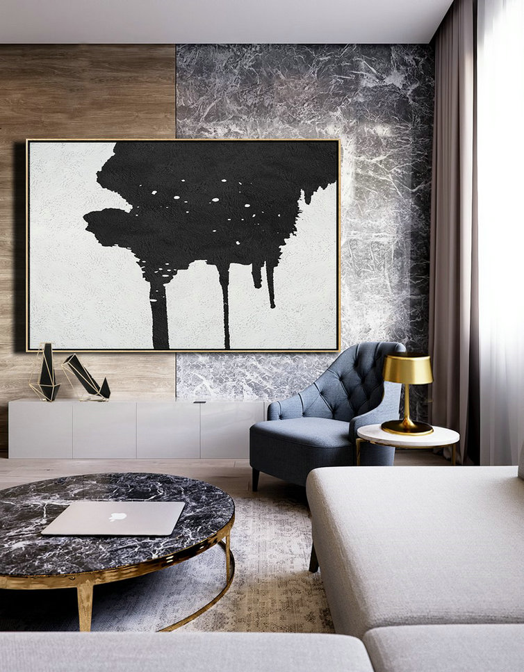 Artwork For Sale,Oversized Horizontal Minimal Art On Canvas, Black And White Minimalist Painting - Large Living Room Decor